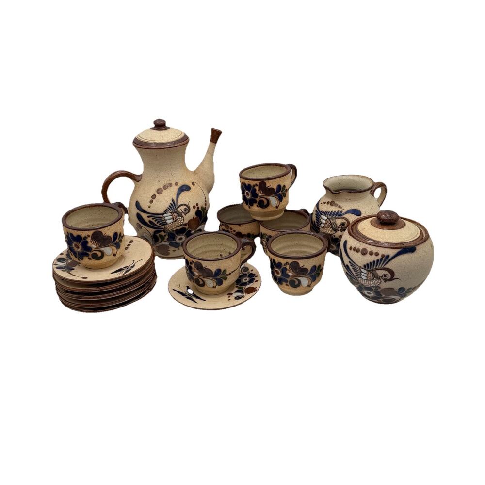 Vtg Mexican Pottery Tea Coffee Pot 6 Cup Saucer Creamer Sugar Set Signed Birds